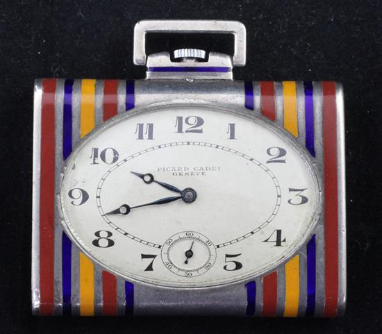 A 1930s Art Deco Swiss silver and polychrome enamel travelling timepiece, retailed by Picard Cadet, Geneve,